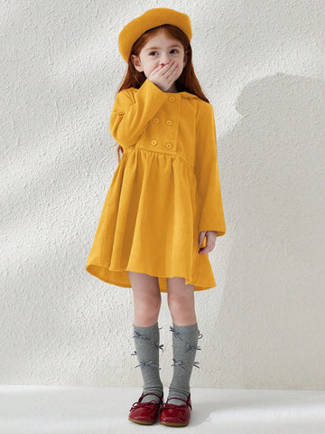 Blossori Young Girls' French Elegant Minimalist Double-Breasted Velvet Collar Long Sleeve Dresses
