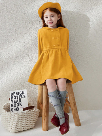 Blossori Young Girls' French Elegant Minimalist Double-Breasted Velvet Collar Long Sleeve Dresses