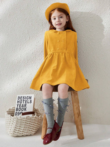 Blossori Young Girls' French Elegant Minimalist Double-Breasted Velvet Collar Long Sleeve Dresses
