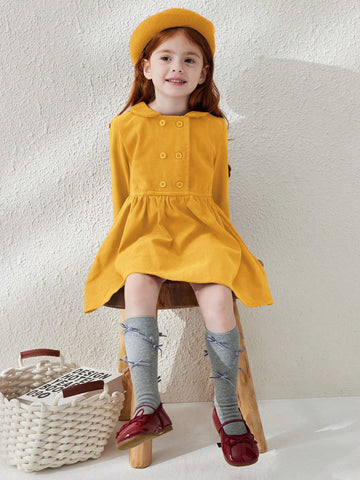 Blossori Young Girls' French Elegant Minimalist Double-Breasted Velvet Collar Long Sleeve Dresses