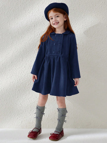 Blossori Young Girls French Elegant Minimalist Double Breasted Velvet Collar Long Sleeve Dresses, Autumn/Winter