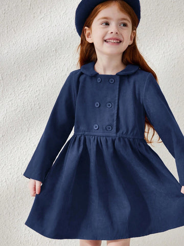 Blossori Young Girls French Elegant Minimalist Double Breasted Velvet Collar Long Sleeve Dresses, Autumn/Winter
