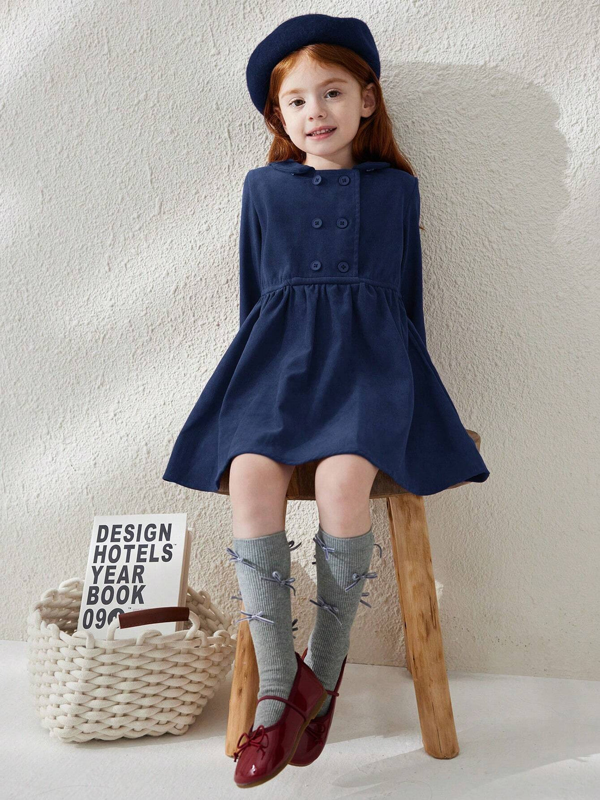 Blossori Young Girls French Elegant Minimalist Double Breasted Velvet Collar Long Sleeve Dresses, Autumn/Winter