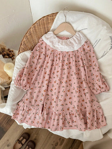Blossori Young Girls French Elegant Pink Floral Woven Loose Dress, Autumn/Winter