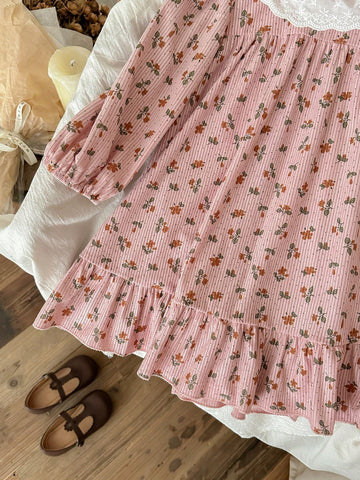 Blossori Young Girls French Elegant Pink Floral Woven Loose Dress, Autumn/Winter