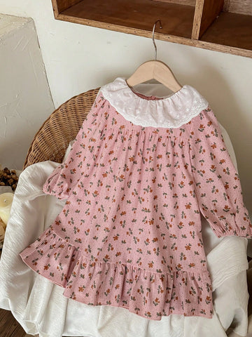 Blossori Young Girls French Elegant Pink Floral Woven Loose Dress, Autumn/Winter