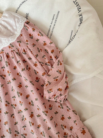 Blossori Young Girls French Elegant Pink Floral Woven Loose Dress, Autumn/Winter