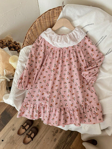 Blossori Young Girls French Elegant Pink Floral Woven Loose Dress, Autumn/Winter