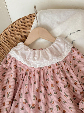 Blossori Young Girls French Elegant Pink Floral Woven Loose Dress, Autumn/Winter