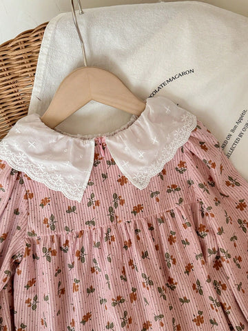 Blossori Young Girls French Elegant Pink Floral Woven Loose Dress, Autumn/Winter