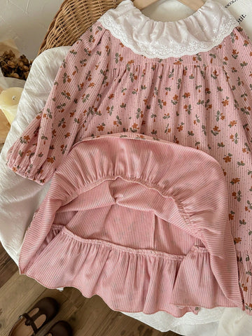 Blossori Young Girls French Elegant Pink Floral Woven Loose Dress, Autumn/Winter