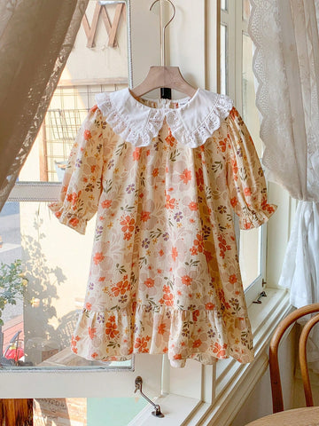 Blossori Young Girls' French Elegant Pink Floral Woven Loose Turndown Collar Dress, Spring/Summer