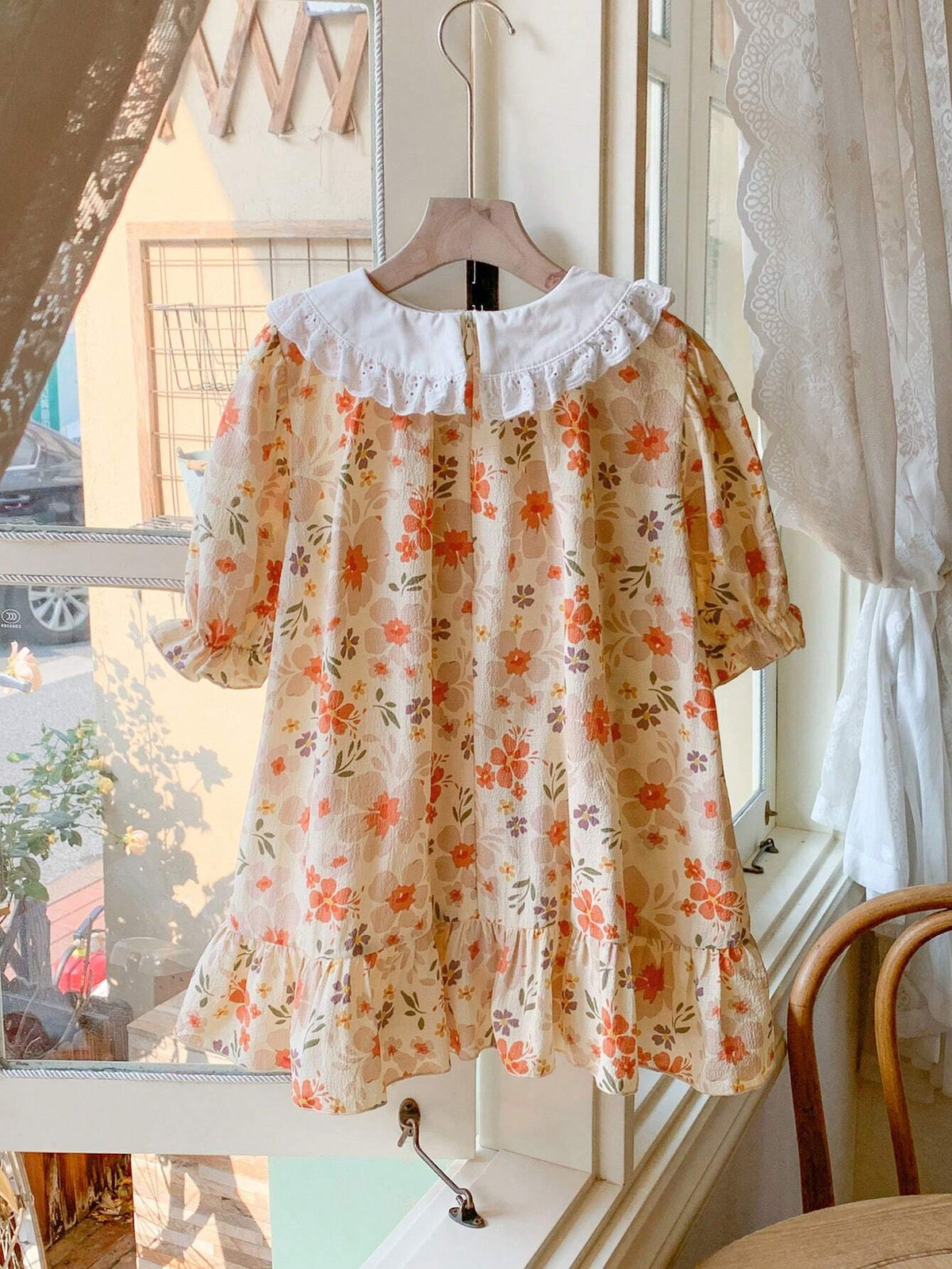 Blossori Young Girls' French Elegant Pink Floral Woven Loose Turndown Collar Dress, Spring/Summer