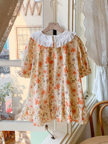 Blossori Young Girls' French Elegant Pink Floral Woven Loose Turndown Collar Dress, Spring/Summer