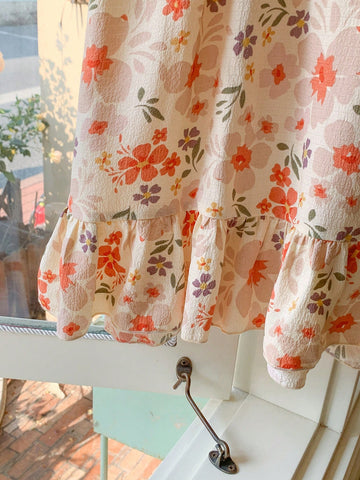 Blossori Young Girls' French Elegant Pink Floral Woven Loose Turndown Collar Dress, Spring/Summer