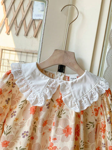 Blossori Young Girls' French Elegant Pink Floral Woven Loose Turndown Collar Dress, Spring/Summer