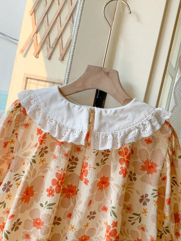 Blossori Young Girls' French Elegant Pink Floral Woven Loose Turndown Collar Dress, Spring/Summer