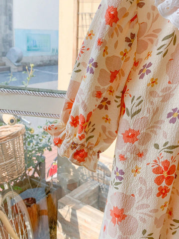 Blossori Young Girls' French Elegant Pink Floral Woven Loose Turndown Collar Dress, Spring/Summer