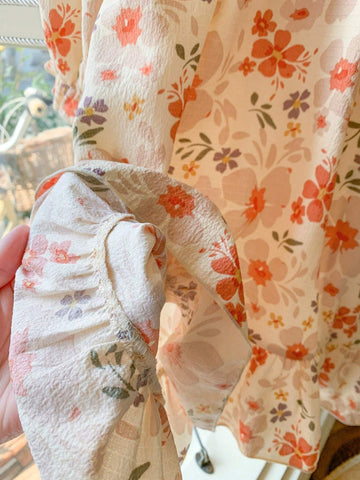 Blossori Young Girls' French Elegant Pink Floral Woven Loose Turndown Collar Dress, Spring/Summer