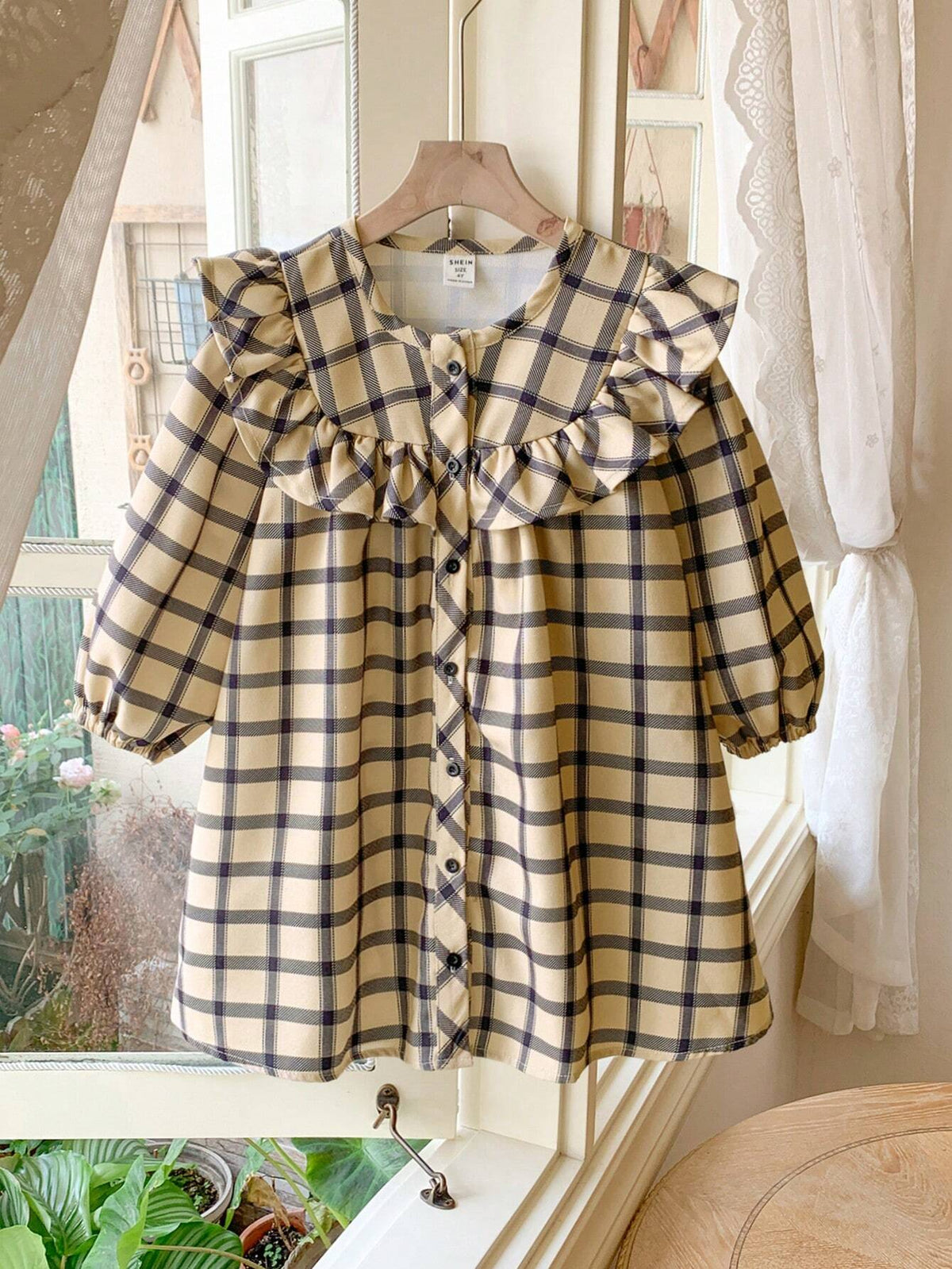 Blossori Young Girls French Elegant Plaid Print Ruffle Hem Long Sleeve Dresses, For Autumn/Winter