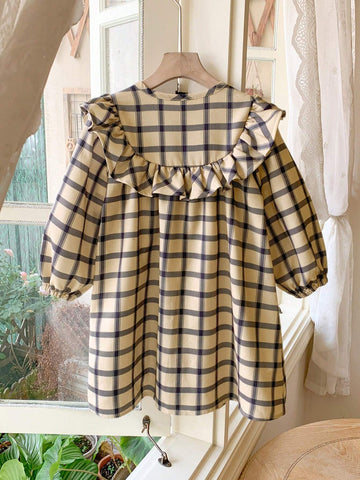 Blossori Young Girls French Elegant Plaid Print Ruffle Hem Long Sleeve Dresses, For Autumn/Winter