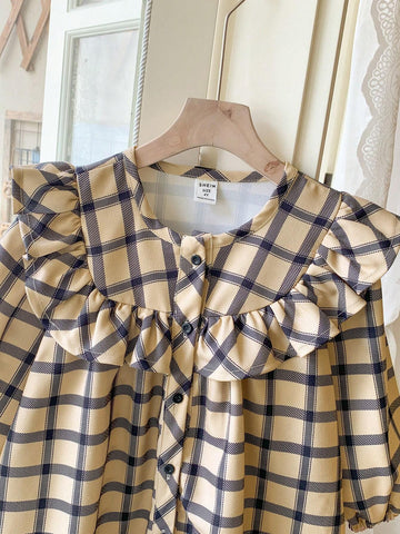 Blossori Young Girls French Elegant Plaid Print Ruffle Hem Long Sleeve Dresses, For Autumn/Winter
