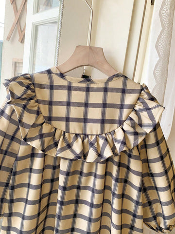 Blossori Young Girls French Elegant Plaid Print Ruffle Hem Long Sleeve Dresses, For Autumn/Winter