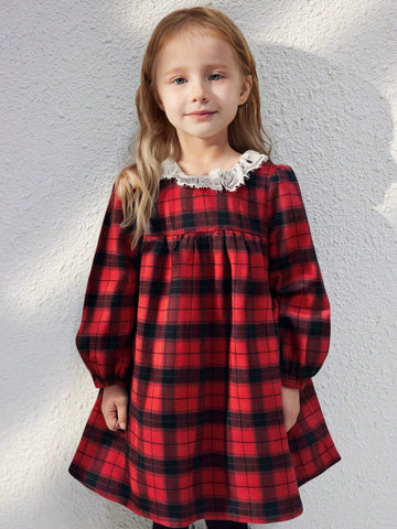Blossori Young Girls' French Elegant Plaid Ruffle Collar Loose Long Sleeve Dress