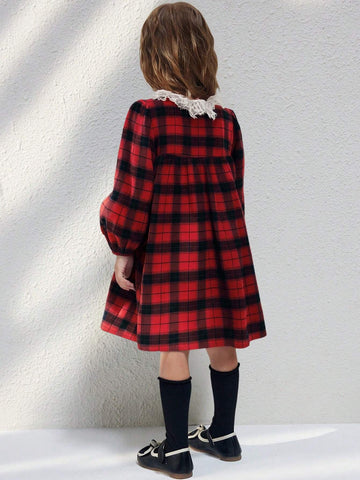 Blossori Young Girls' French Elegant Plaid Ruffle Collar Loose Long Sleeve Dress