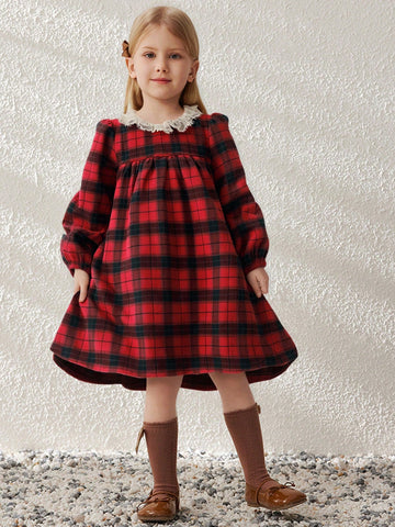 Blossori Young Girls' French Elegant Plaid Ruffle Collar Loose Long Sleeve Dress