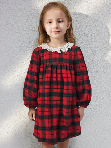 Blossori Young Girls' French Elegant Plaid Ruffle Collar Loose Long Sleeve Dress