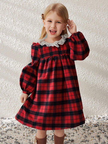 Blossori Young Girls' French Elegant Plaid Ruffle Collar Loose Long Sleeve Dress