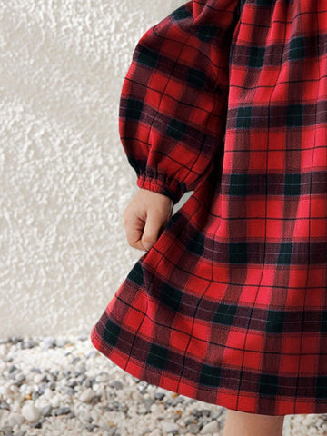 Blossori Young Girls' French Elegant Plaid Ruffle Collar Loose Long Sleeve Dress