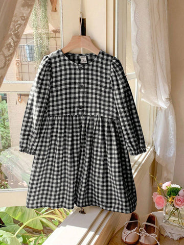 Blossori Young Girls French Elegant Plaid Splicing Loose Long Sleeve Woven Dress