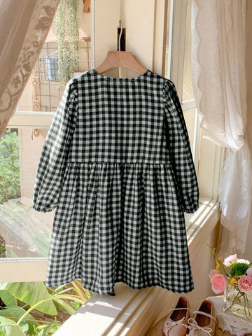 Blossori Young Girls French Elegant Plaid Splicing Loose Long Sleeve Woven Dress