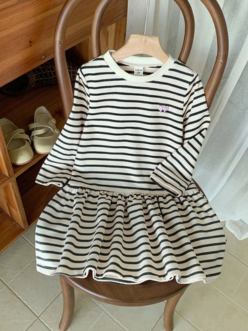 Blossori Young Girls' French Elegant Striped Embroidered Loose Long Sleeve Dress