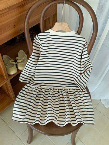 Blossori Young Girls' French Elegant Striped Embroidered Loose Long Sleeve Dress