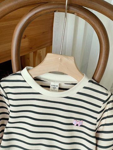 Blossori Young Girls' French Elegant Striped Embroidered Loose Long Sleeve Dress