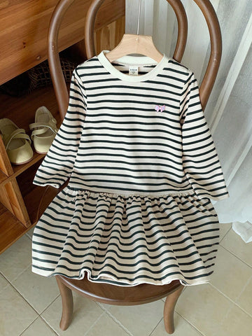 Blossori Young Girls' French Elegant Striped Embroidered Loose Long Sleeve Dress