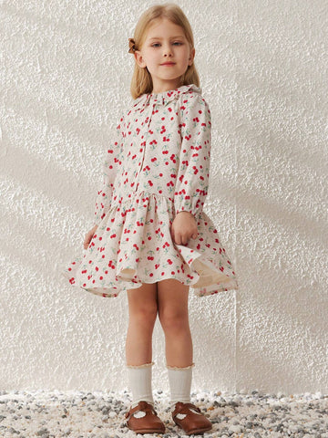 Blossori Young Girls French Elegant White Cherry Print Loose Woven Dress, Autumn/Winter