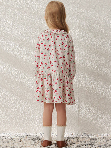 Blossori Young Girls French Elegant White Cherry Print Loose Woven Dress, Autumn/Winter