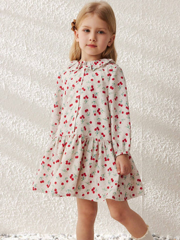 Blossori Young Girls French Elegant White Cherry Print Loose Woven Dress, Autumn/Winter