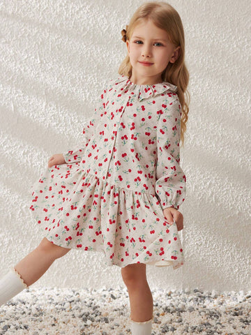 Blossori Young Girls French Elegant White Cherry Print Loose Woven Dress, Autumn/Winter