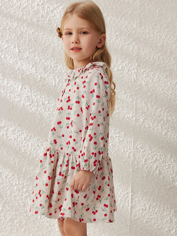 Blossori Young Girls French Elegant White Cherry Print Loose Woven Dress, Autumn/Winter