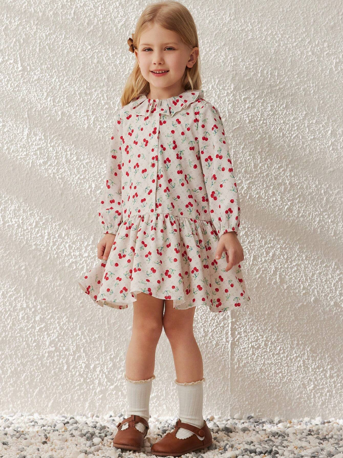Blossori Young Girls French Elegant White Cherry Print Loose Woven Dress, Autumn/Winter