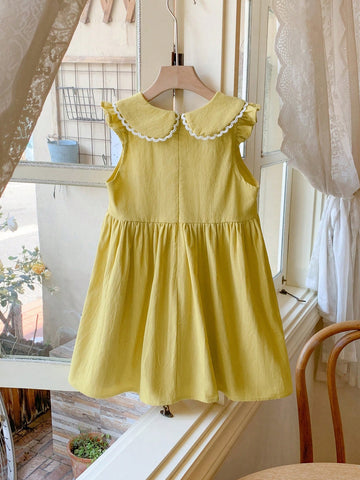 Blossori Young Girls' French Elegant Woven Turndown Collar Dress, For Spring & Summer