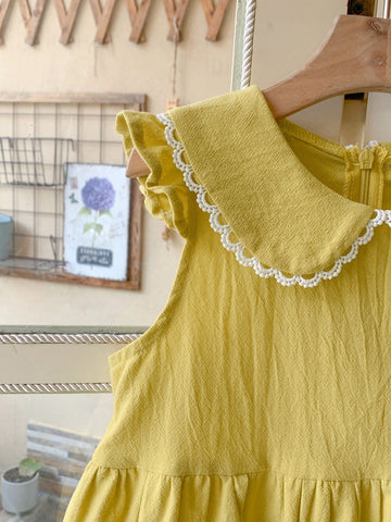 Blossori Young Girls' French Elegant Woven Turndown Collar Dress, For Spring & Summer