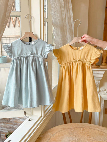 Blossori Young Girls' French Elegant Yellow/Blue Woven Multi-Piece Round Neck Dress, Spring And Summer