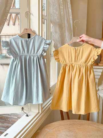 Blossori Young Girls' French Elegant Yellow/Blue Woven Multi-Piece Round Neck Dress, Spring And Summer