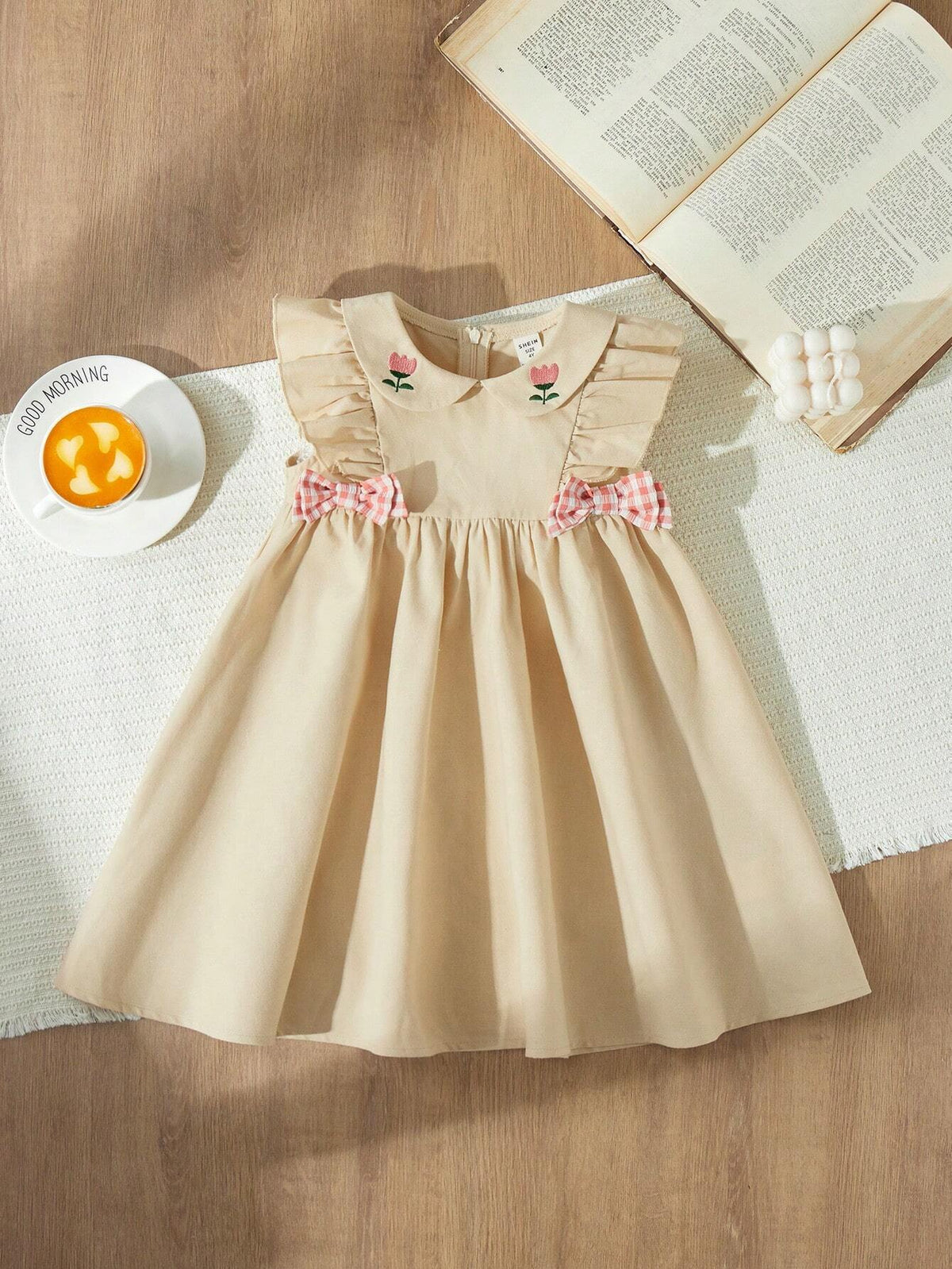 Blossori Young Girls' French Style Elegant Apricot & Pink Plaid Bowknot Decor Loose Dress, Autumn/Winter